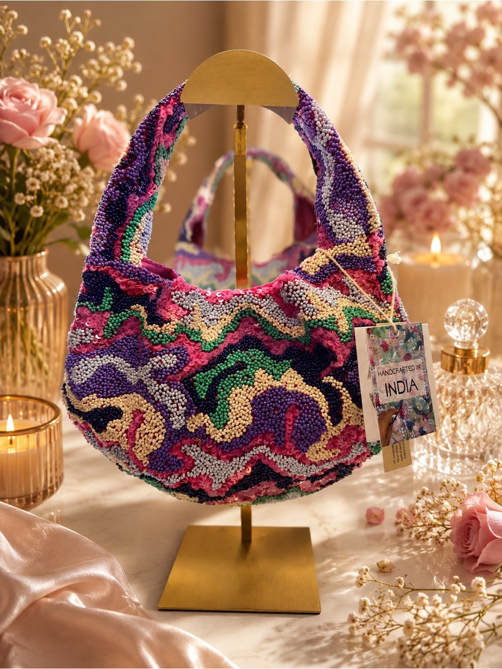 Handcrafted in India Beaded Sequin Mini Shoulder Bag – Pink Purple Swirl